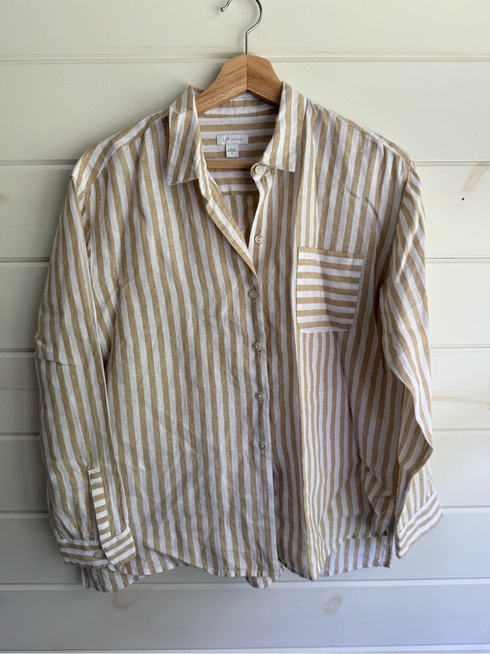 J. Jill Cream and Tan Vertical Stripe Linen Button-Up Shirt